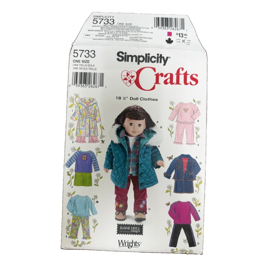 Simplicity 5733 18” Doll Clothes Pattern UNCUT Coat Pajamas Pants 2002